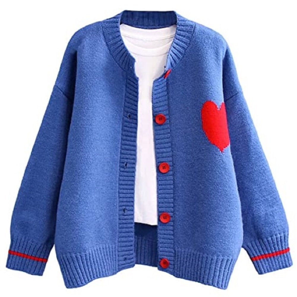 Heart Button Knit Cardigan Blue Red Heart Valentine core Sweet girl romantic